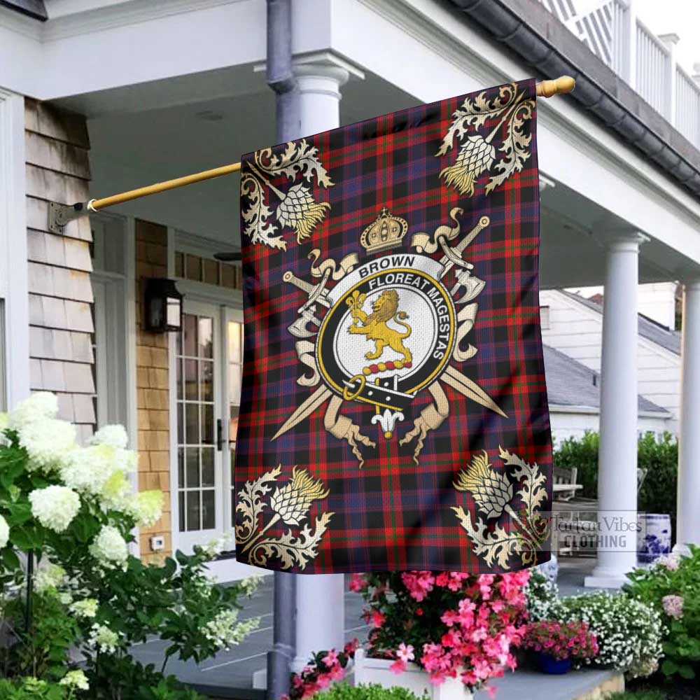 Tartan Vibes Clothing Brown (Broun) Tartan Flag with Family Crest and Golden Thistle Crossed Sword Design