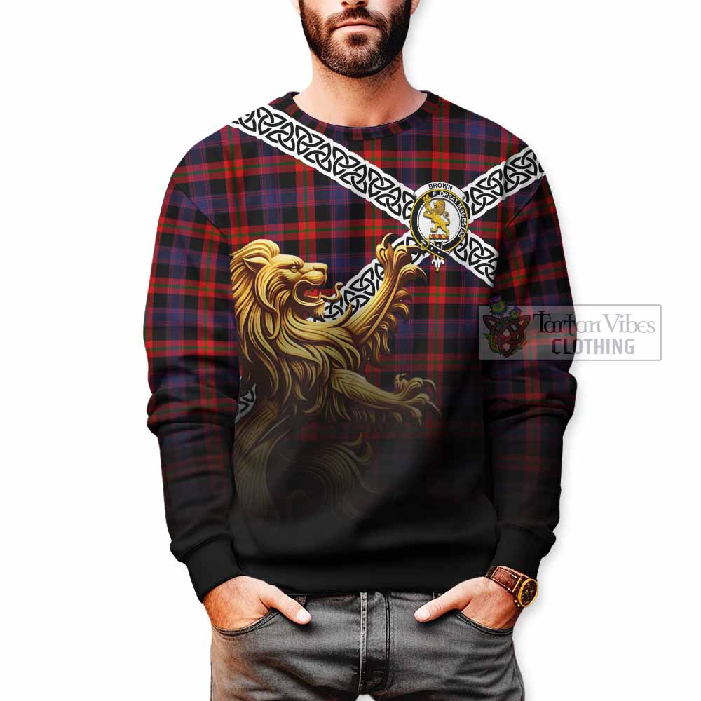 Tartan Vibes Clothing Brown (Broun) Crest Tartan Sweatshirt with Golden Lion Emblem Celtic Style