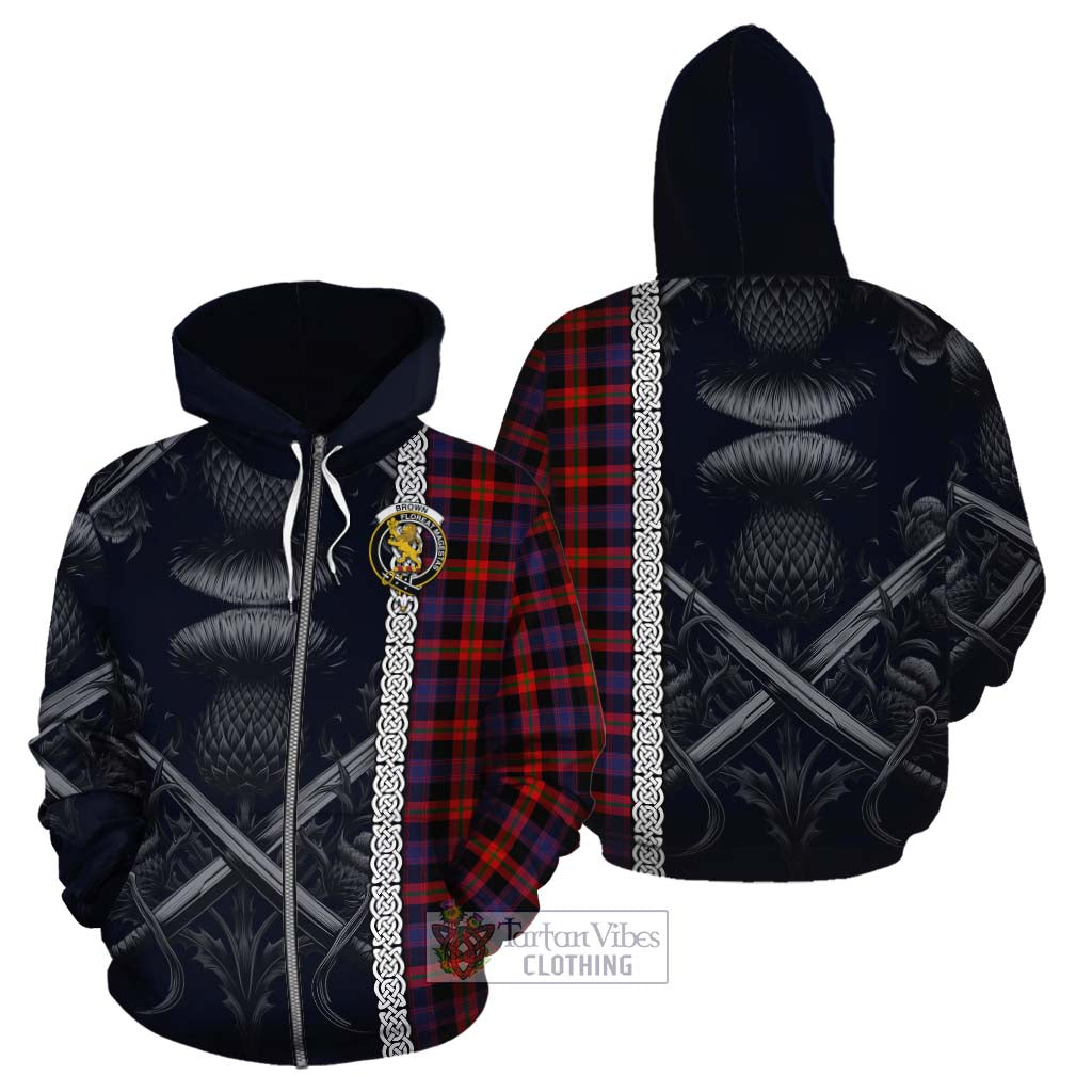 Tartan Vibes Clothing Brown (Broun) Tartan Cotton Hoodie with Family Crest Cross Sword Thistle Celtic Vibes