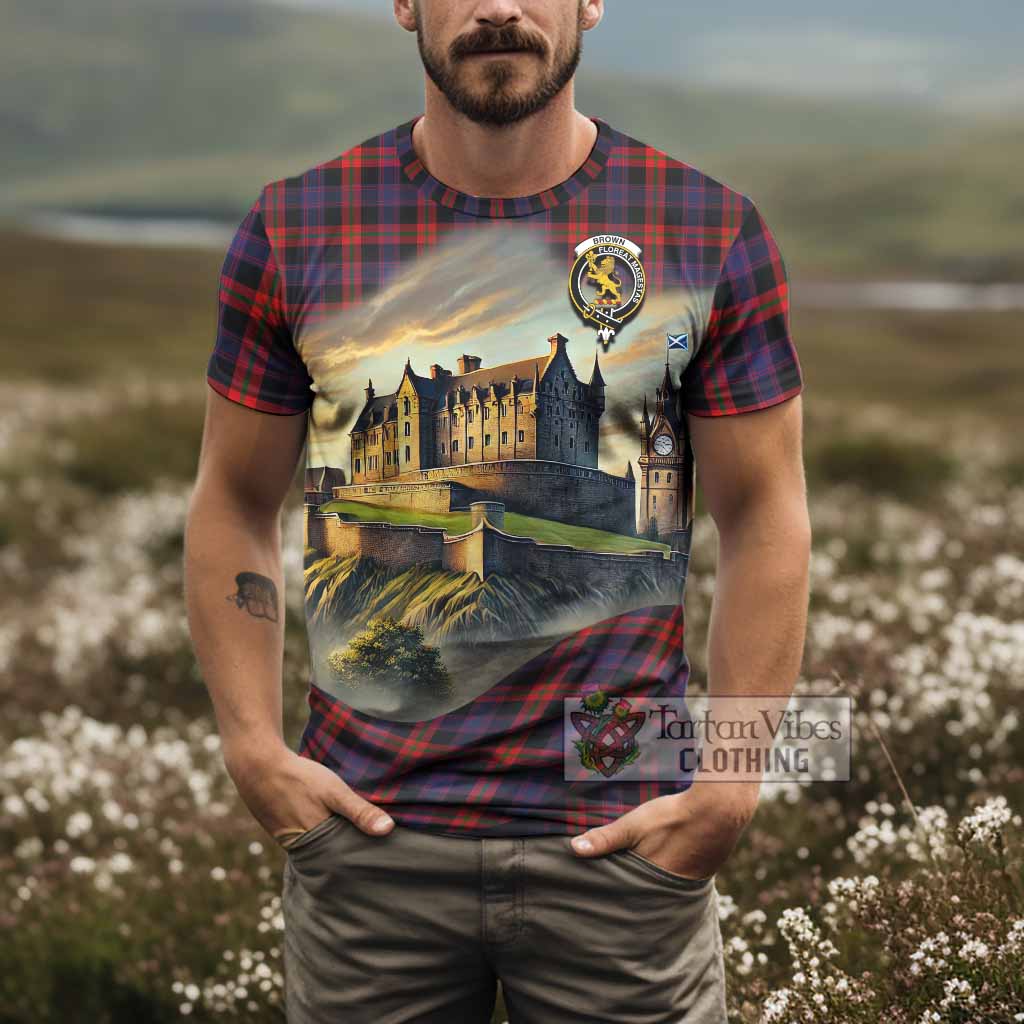 Tartan Vibes Clothing Brown (Broun) Tartan Family Crest T-Shirt with Scottish Ancient Castle Stype