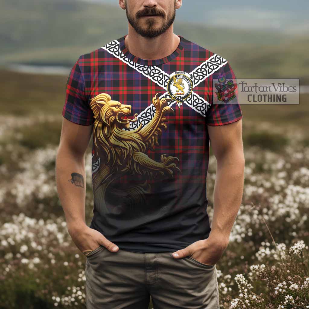 Tartan Vibes Clothing Brown (Broun) Crest Tartan T-Shirt with Golden Lion Emblem Celtic Style