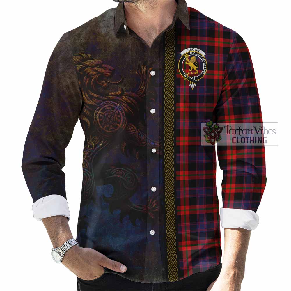 Tartan Vibes Clothing Brown (Broun) Tartan Family Crest Long Sleeve Button Shirt Alba Gu Brath Be Brave Lion Ancient Style