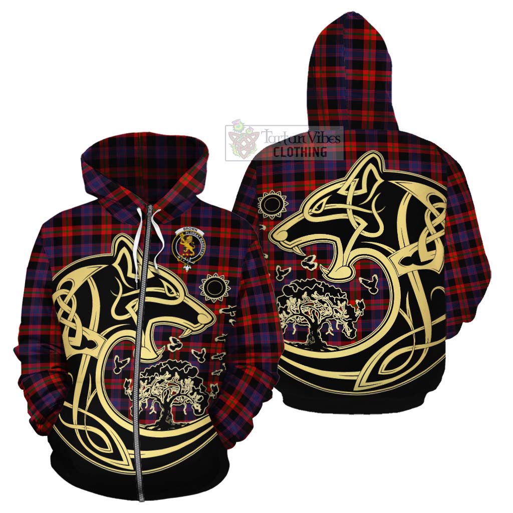 Tartan Vibes Clothing Brown (Broun) Tartan Cotton Hoodie with Family Crest Celtic Wolf Style