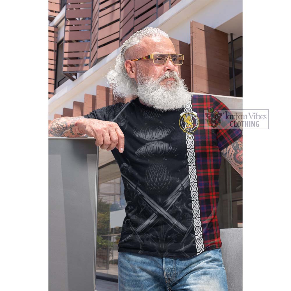 Tartan Vibes Clothing Brown (Broun) Tartan Cotton T-shirt with Family Crest Cross Sword Thistle Celtic Vibes