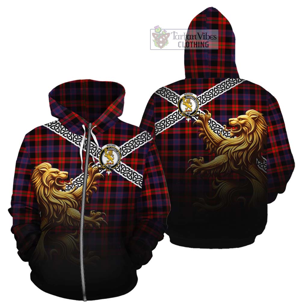 Tartan Vibes Clothing Brown (Broun) Crest Tartan Cotton Hoodie with Golden Lion Emblem Celtic Style