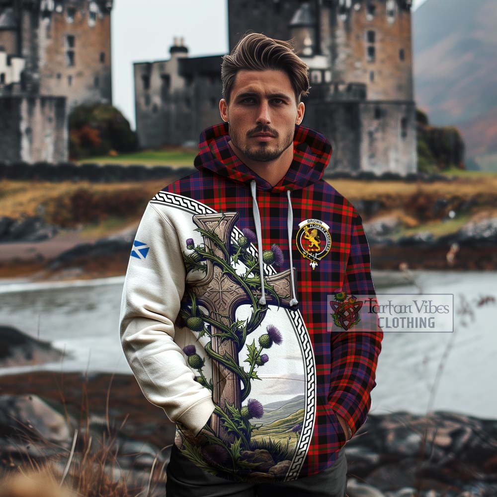 Tartan Vibes Clothing Brown (Broun) Tartan Cotton Hoodie with Family Crest and St. Andrew's Cross Accented by Thistle Vines