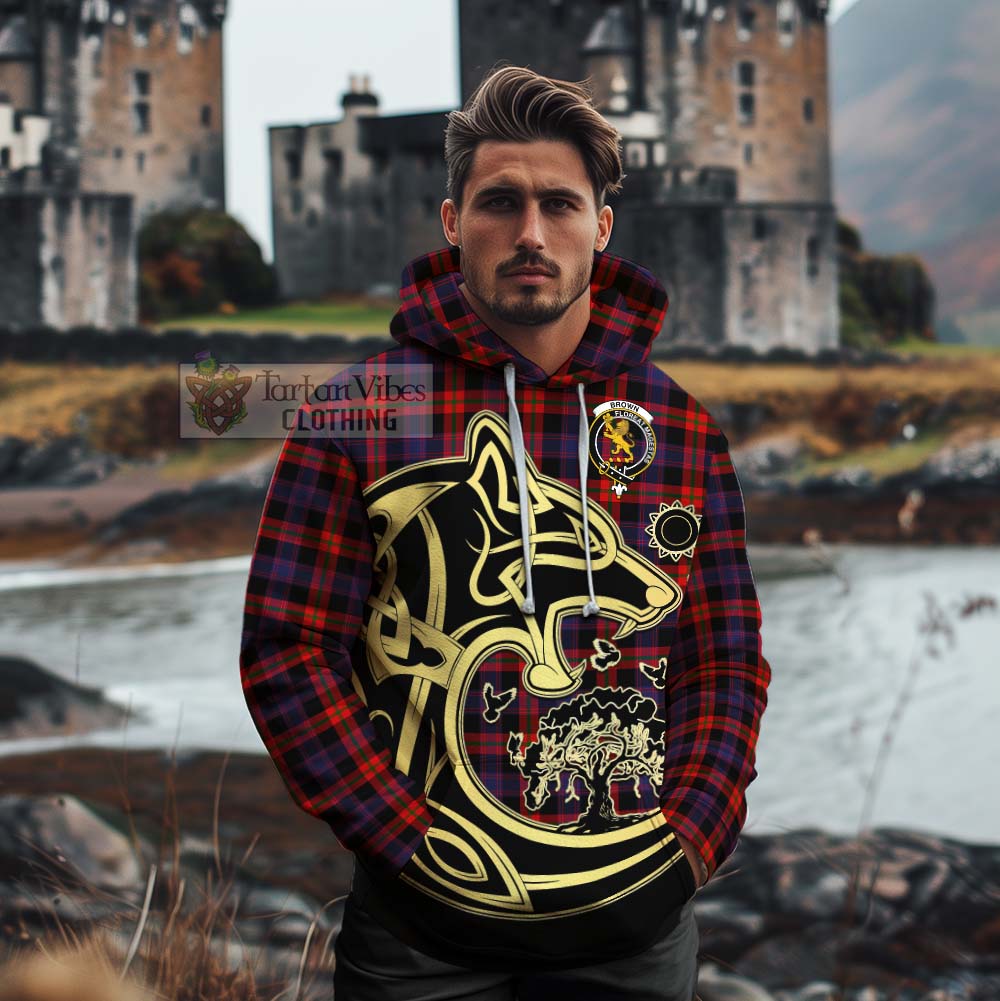 Tartan Vibes Clothing Brown (Broun) Tartan Cotton Hoodie with Family Crest Celtic Wolf Style