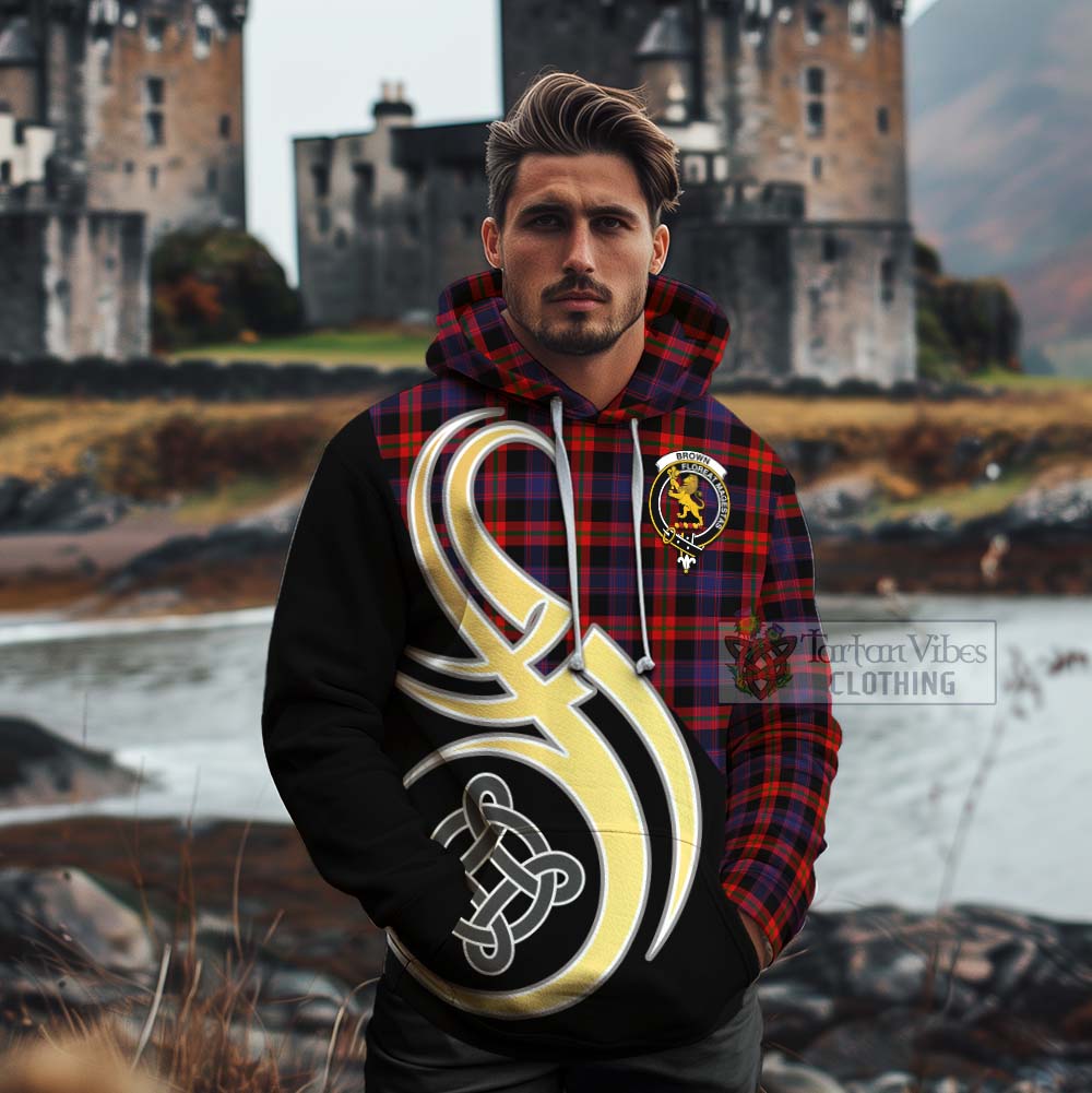 Tartan Vibes Clothing Brown (Broun) Tartan Cotton Hoodie with Family Crest and Celtic Symbol Style