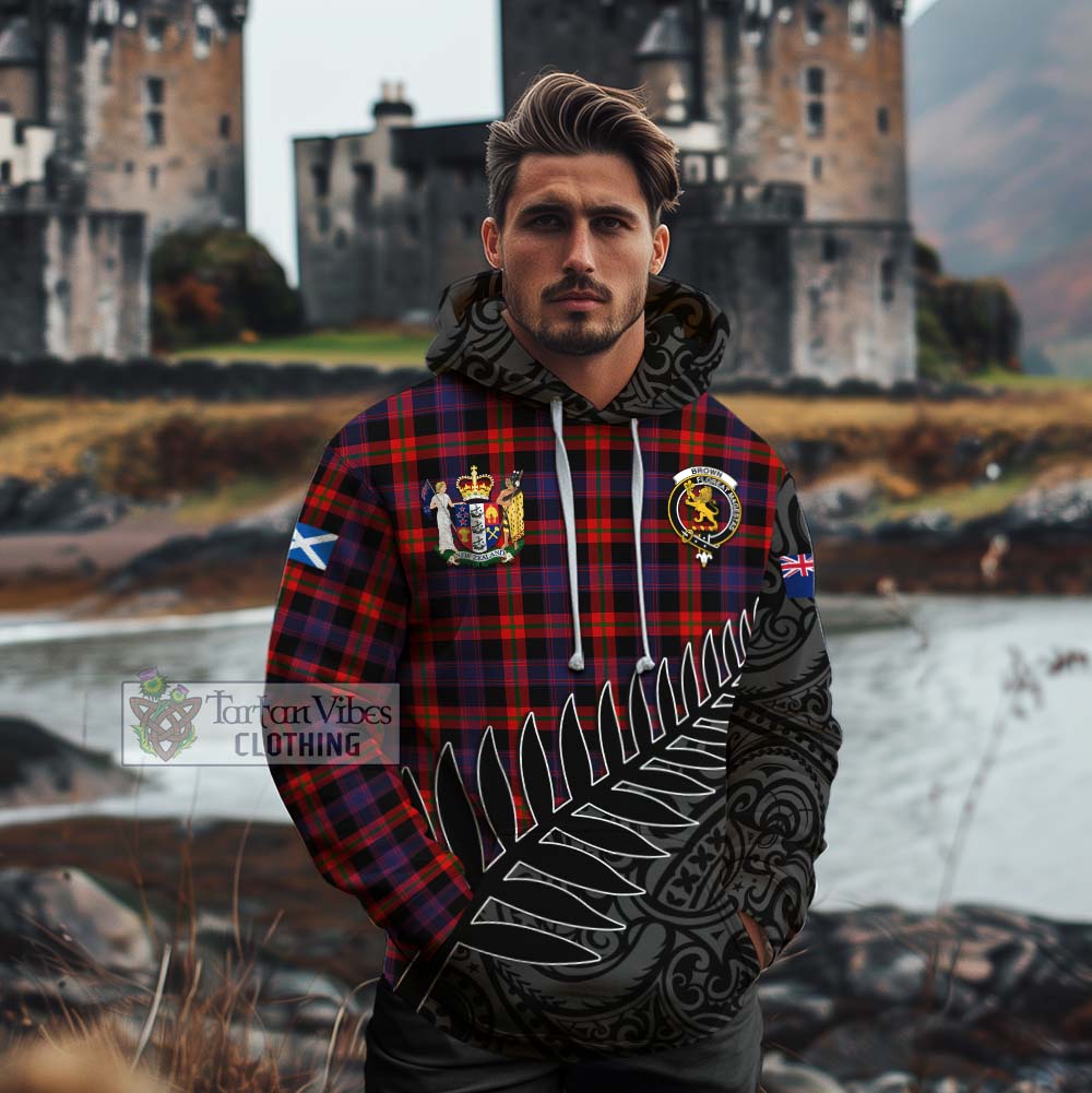 Tartan Vibes Clothing Brown (Broun) Crest Tartan Cotton Hoodie with New Zealand Silver Fern Half Style