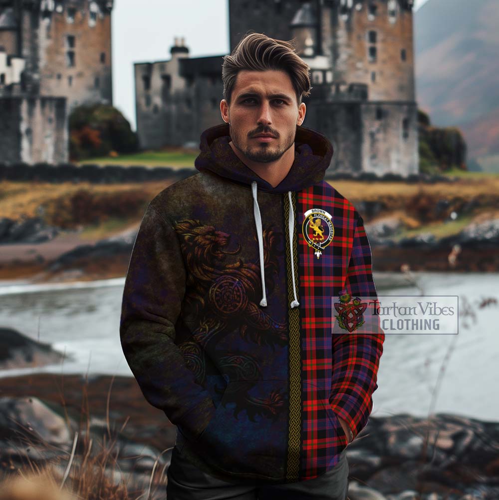 Tartan Vibes Clothing Brown (Broun) Tartan Family Crest Cotton Hoodie Alba Gu Brath Be Brave Lion Ancient Style