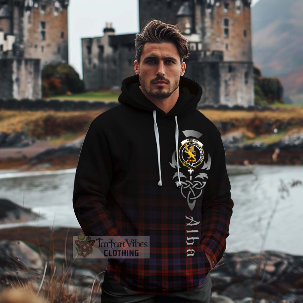 Tartan Vibes Clothing Brown (Broun) Tartan Cotton Hoodie Featuring Alba Gu Brath Family Crest Celtic Inspired