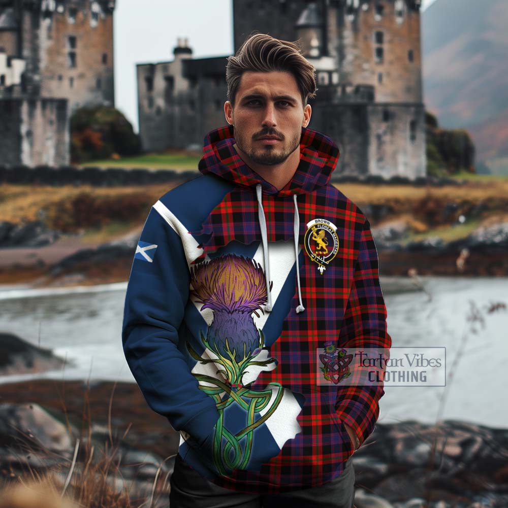 Tartan Vibes Clothing Brown (Broun) Tartan Family Crest Cotton Hoodie Scottish Thistle Celtic Inspired