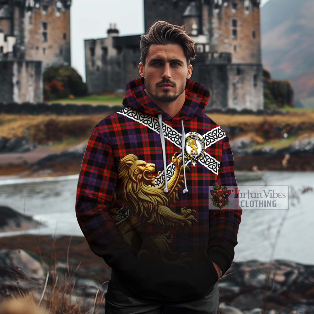 Tartan Vibes Clothing Brown (Broun) Crest Tartan Cotton Hoodie with Golden Lion Emblem Celtic Style