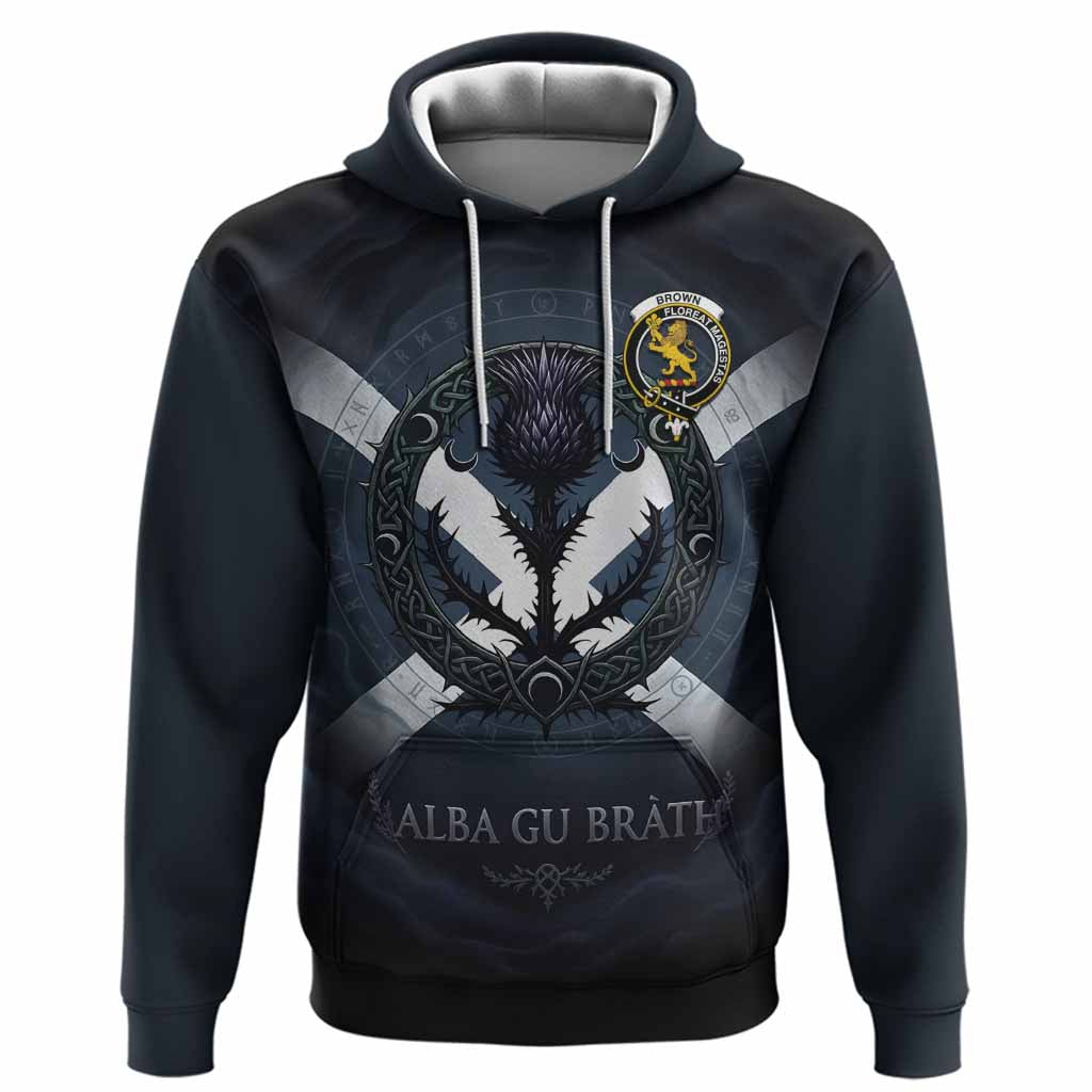 Brown (Broun) Clan Crest Hoodie with Celtic Knot Thistle and Saltire