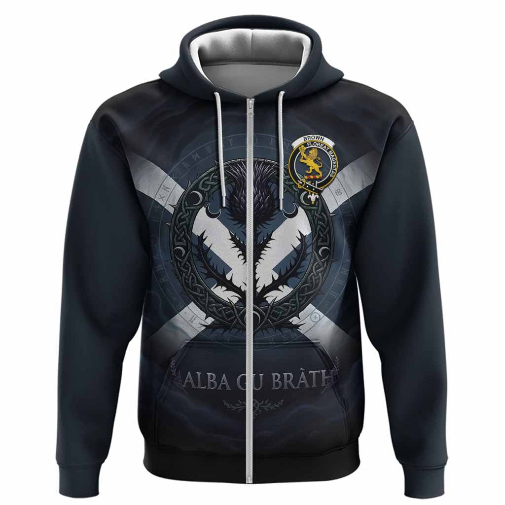 Brown (Broun) Clan Crest Hoodie with Celtic Knot Thistle and Saltire