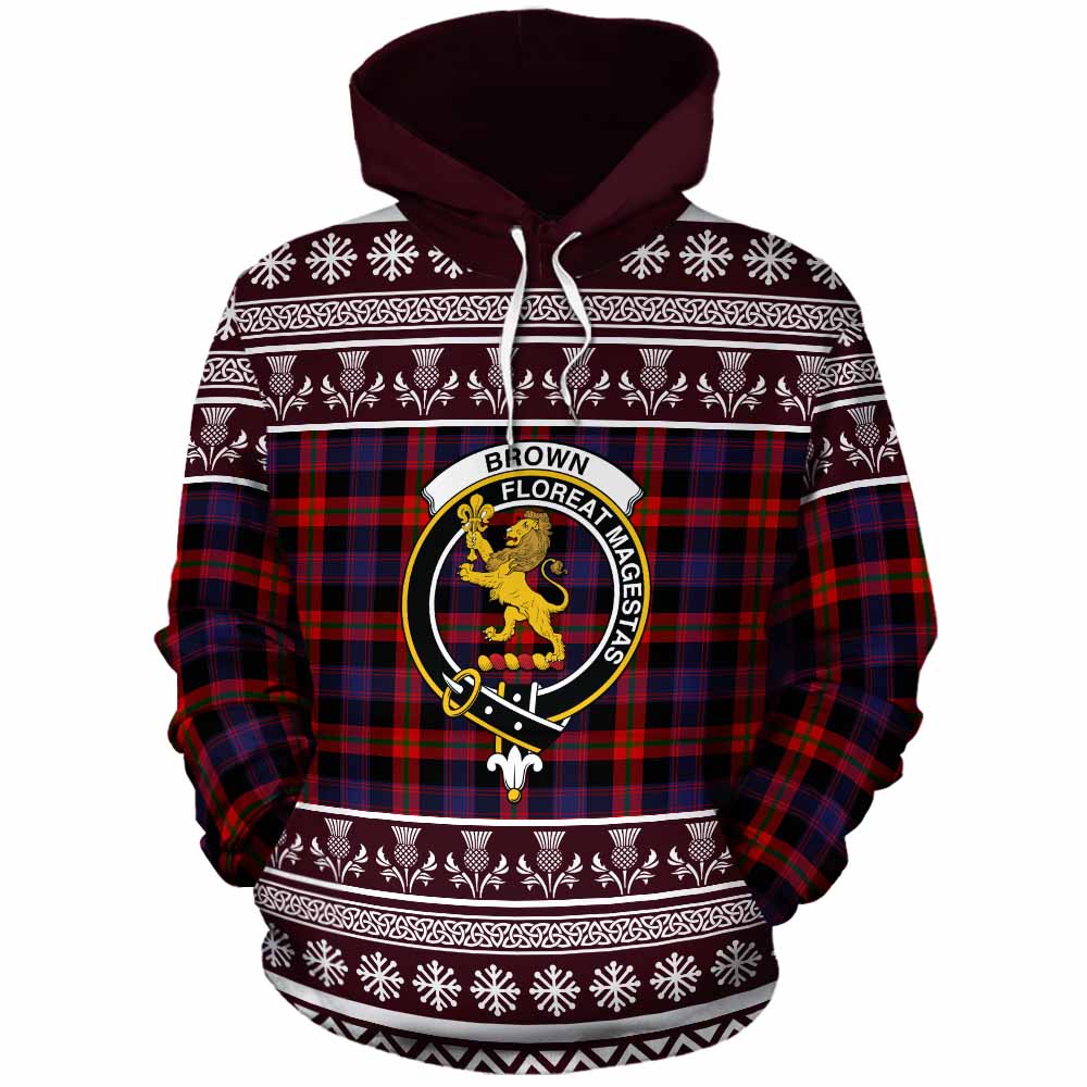Brown (Broun) Clan Tartan Christmas Cotton Hoodie with Family Crest - Tartan Vibes Clothing