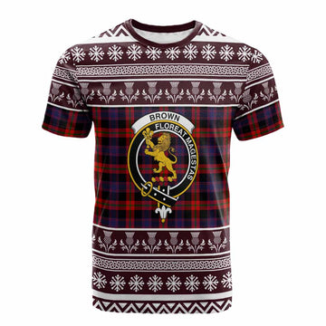 Brown (Broun) Clan Tartan Christmas Cotton T-shirt with Family Crest