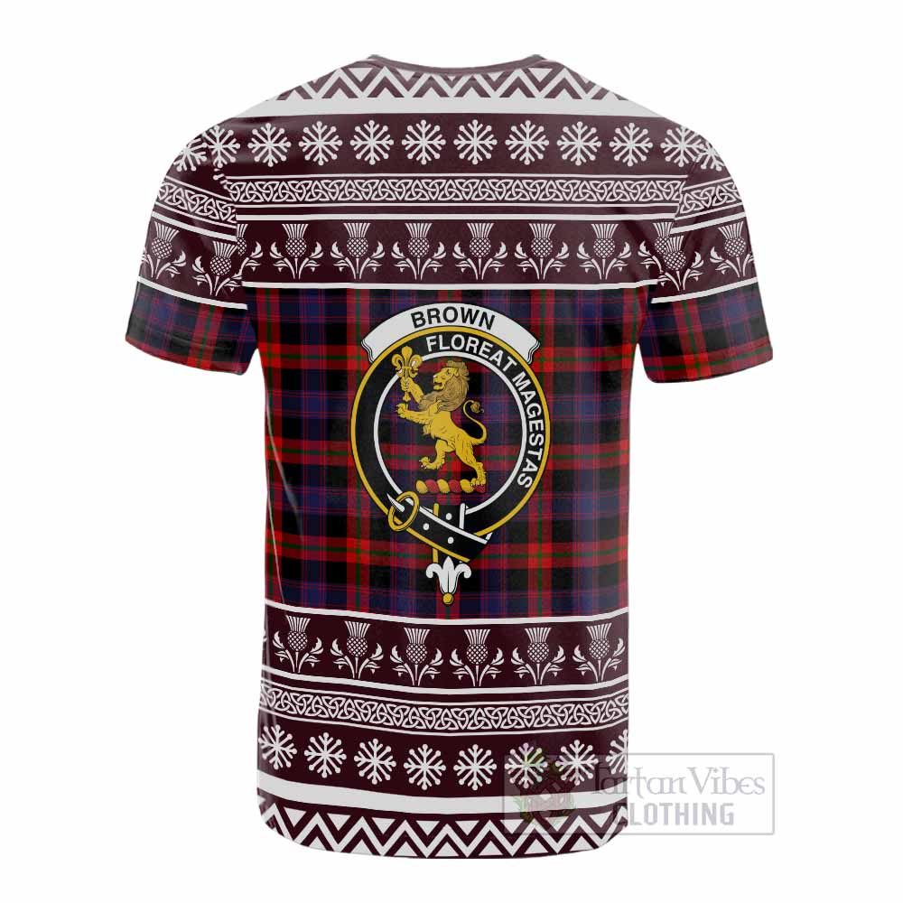 Brown (Broun) Clan Tartan Christmas Cotton T-shirt with Family Crest - Tartan Vibes Clothing