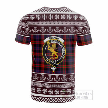 Brown (Broun) Clan Tartan Christmas Cotton T-shirt with Family Crest