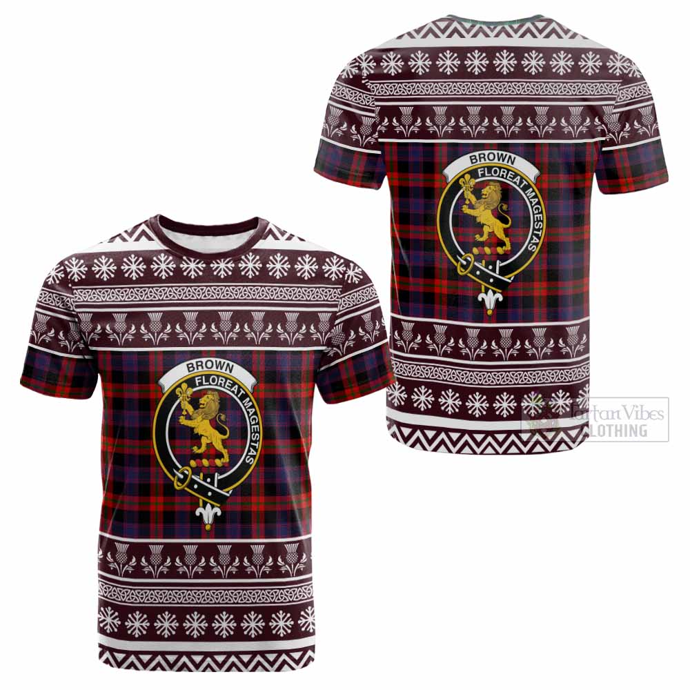 Brown (Broun) Clan Tartan Christmas Cotton T-shirt with Family Crest - Tartan Vibes Clothing