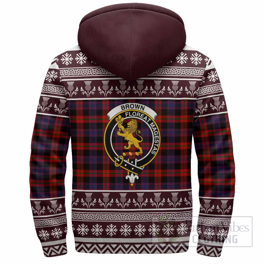 Brown (Broun) Clan Tartan Christmas Fleece Hoodie with Family Crest - Tartan Vibes Clothing