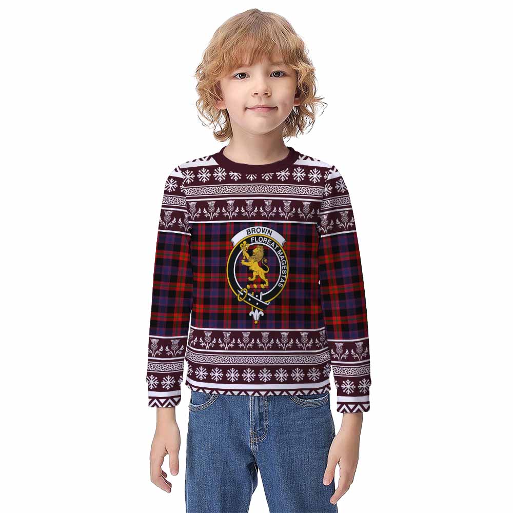 Brown (Broun) Clan Tartan Christmas Kid Ugly Sweatshirt with Family Crest - Tartan Vibes Clothing