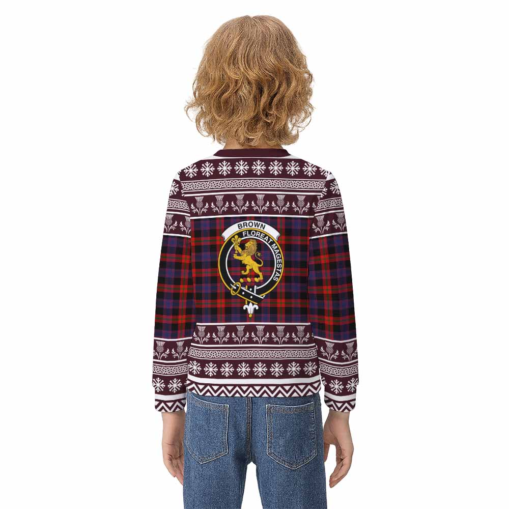Brown (Broun) Clan Tartan Christmas Kid Ugly Sweatshirt with Family Crest - Tartan Vibes Clothing