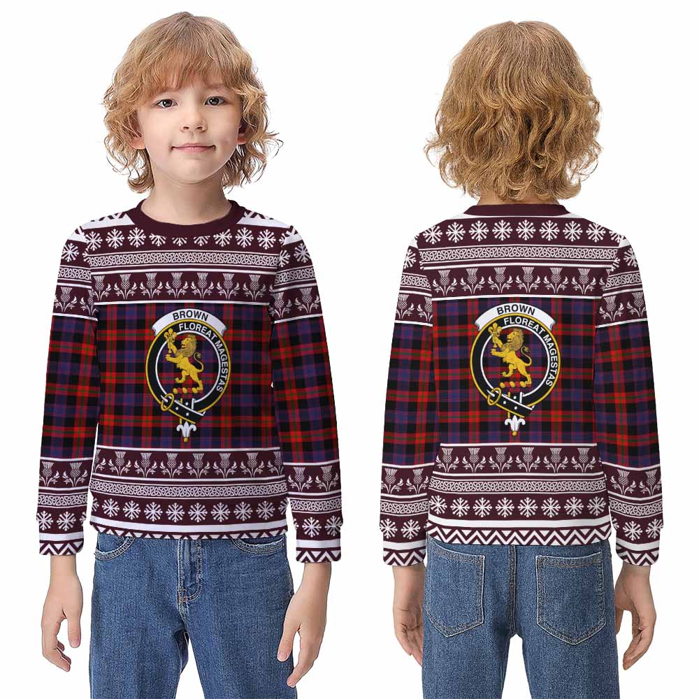 Brown (Broun) Clan Tartan Christmas Kid Ugly Sweatshirt with Family Crest - Tartan Vibes Clothing