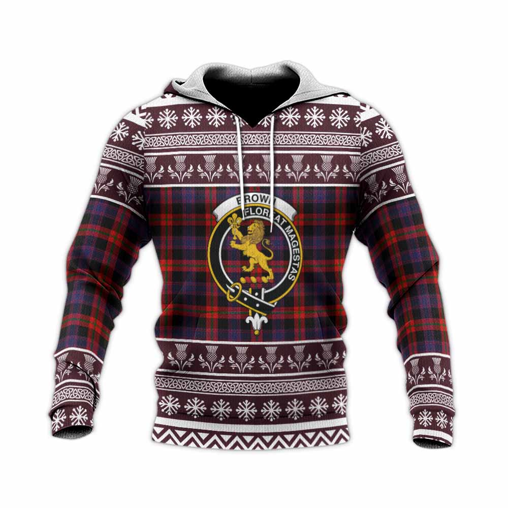 Brown (Broun) Clan Tartan Christmas Knitted Hoodie with Family Crest - Tartan Vibes Clothing