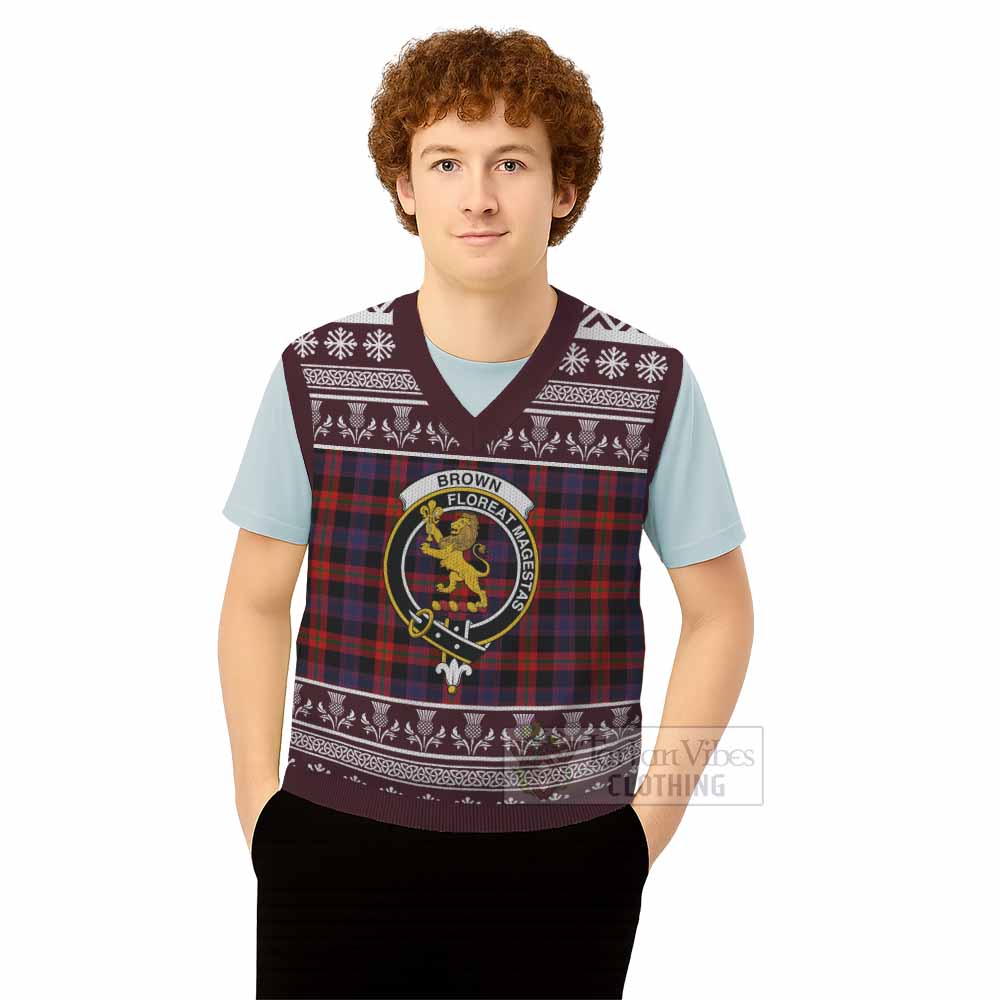 Brown (Broun) Clan Tartan Christmas Knitted V-Neck Vest with Family Crest - Tartan Vibes Clothing