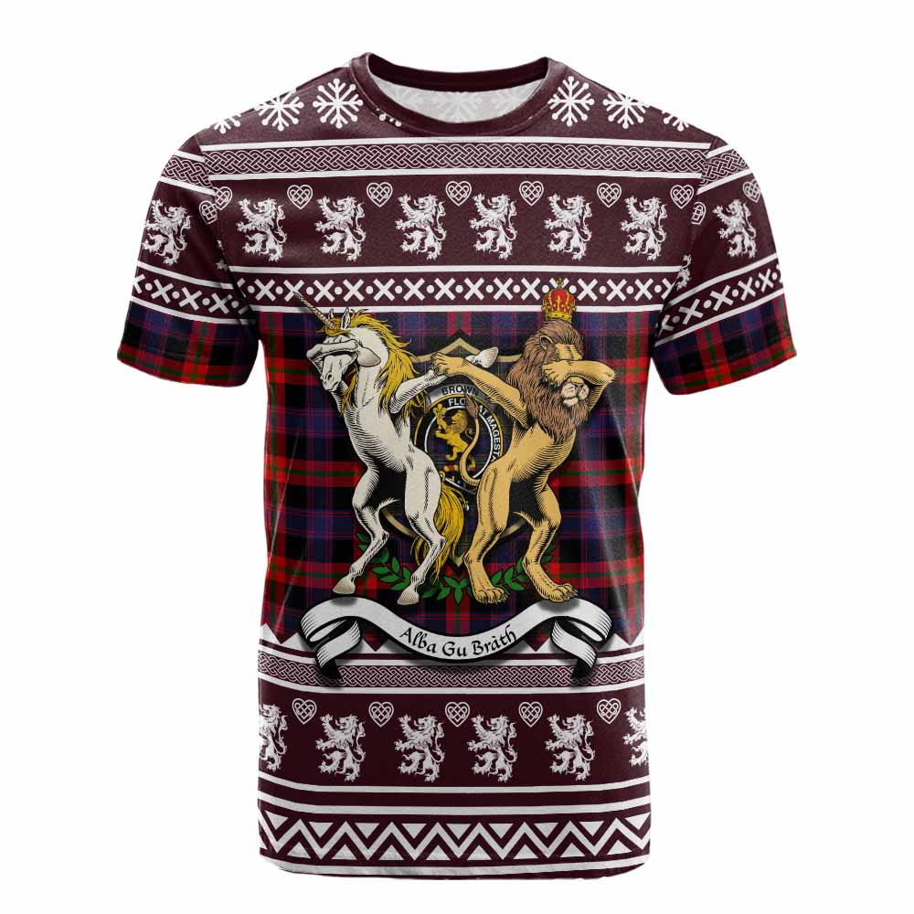 Brown (Broun) Clan Tartan Crest Christmas Cotton T-shirt Coat of Arms Funny Style - Tartan Vibes Clothing