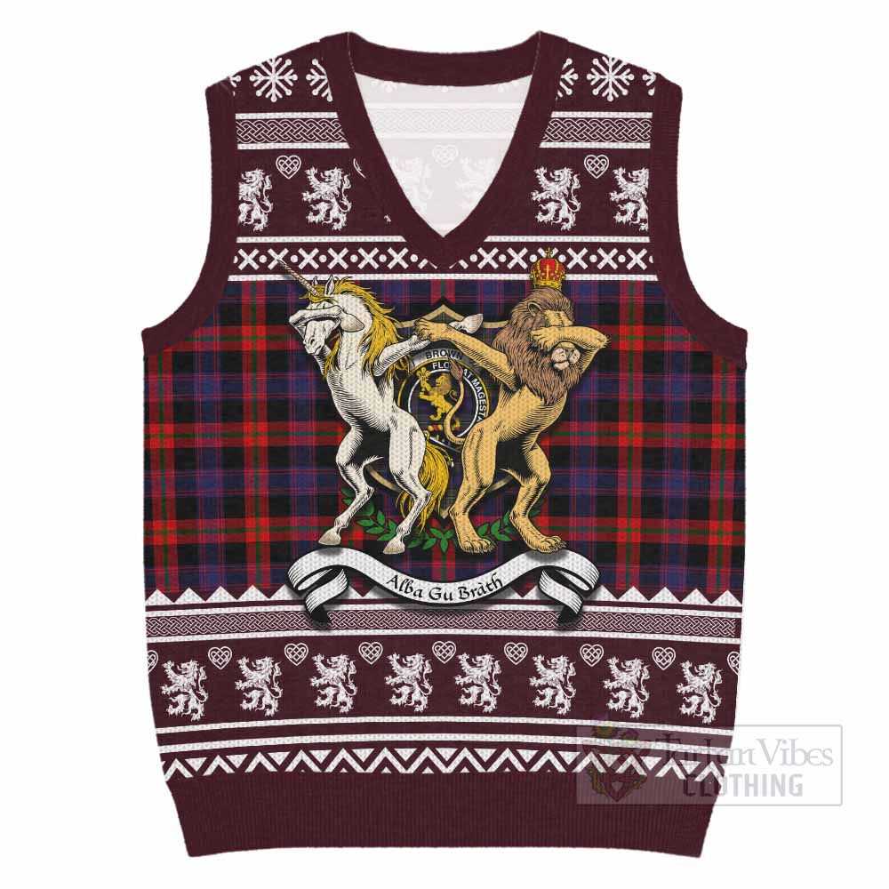 Brown (Broun) Clan Tartan Crest Christmas Knitted V-Neck Vest Coat of Arms Funny Style - Tartan Vibes Clothing