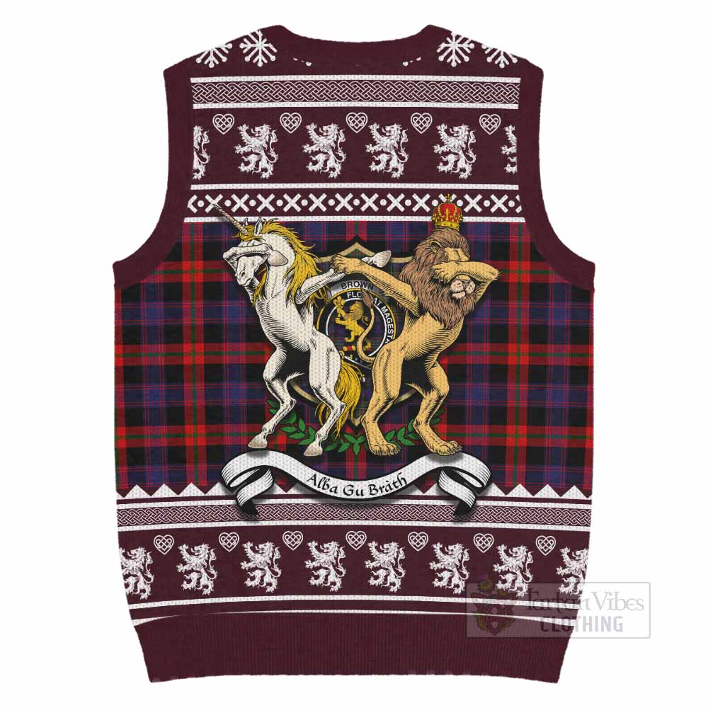 Brown (Broun) Clan Tartan Crest Christmas Knitted V-Neck Vest Coat of Arms Funny Style - Tartan Vibes Clothing