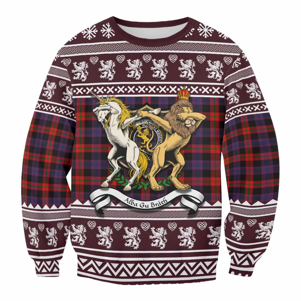 Brown (Broun) Clan Tartan Crest Christmas Sweatshirt Coat of Arms Funny Style - Tartan Vibes Clothing