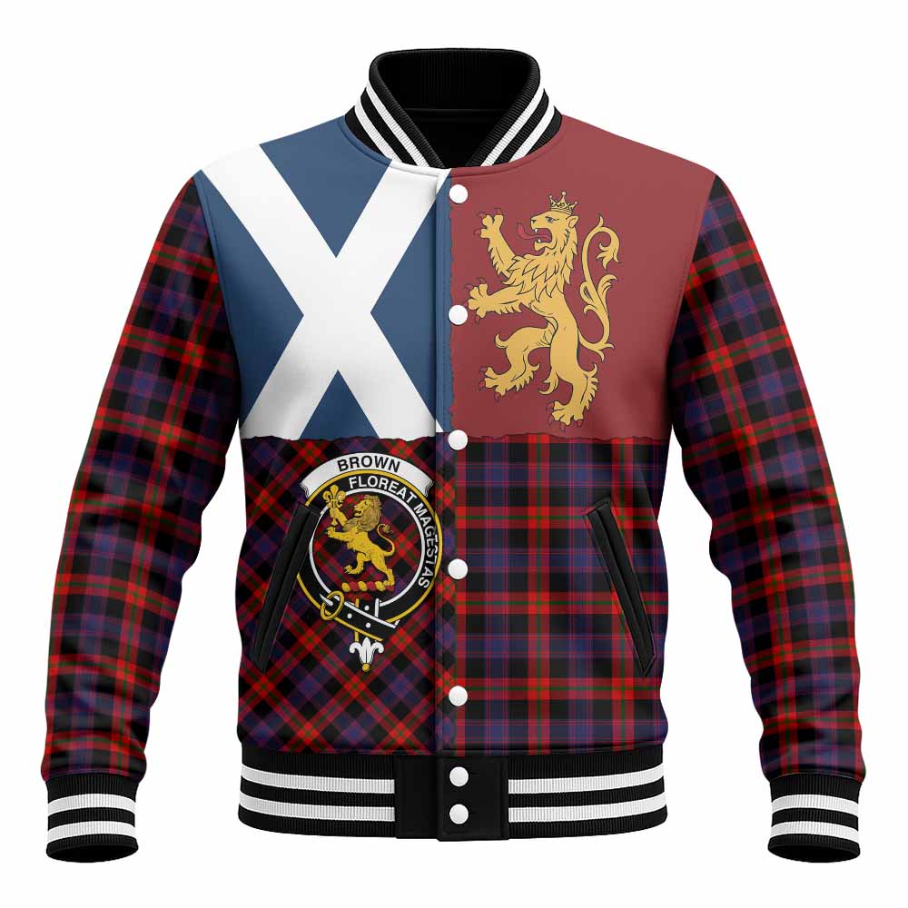 Brown (Broun) Crest Tartan Baseball Jacket with Lion Rampant Saltire Style