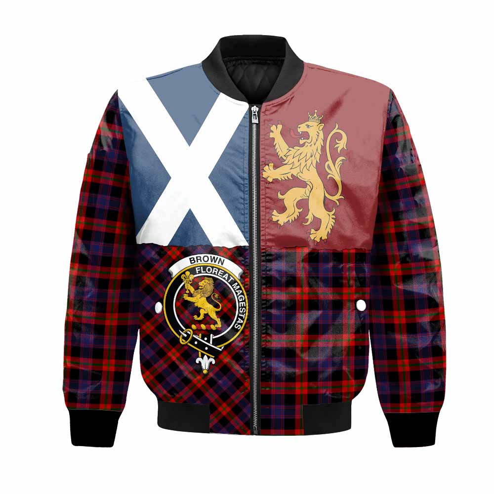Brown (Broun) Crest Tartan Bomber Jacket with Lion Rampant Saltire Style