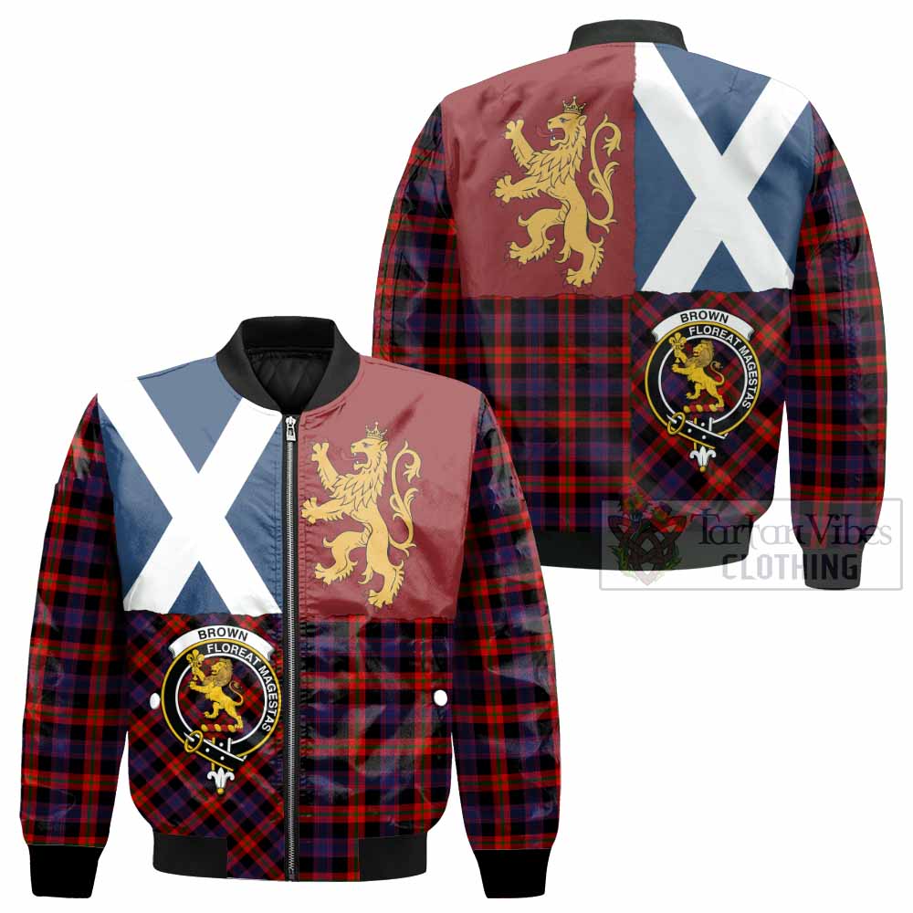 Brown (Broun) Crest Tartan Bomber Jacket with Lion Rampant Saltire Style