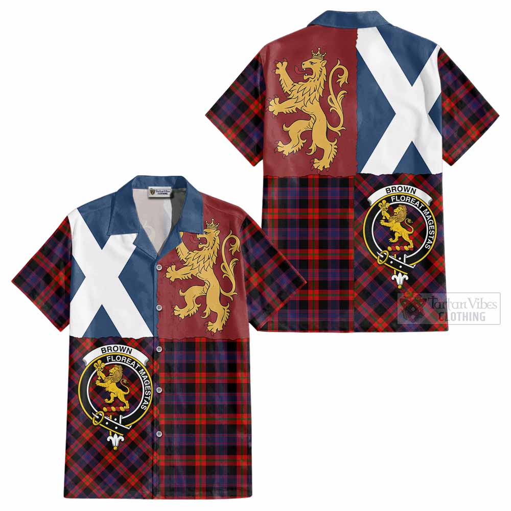 Brown (Broun) Crest Tartan Cotton Hawaiian Shirt with Lion Rampant Saltire Style - Tartan Vibes Clothing