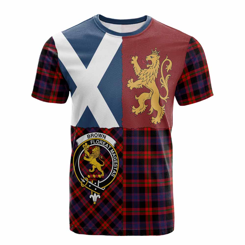 Brown (Broun) Crest Tartan Cotton T-shirt with Lion Rampant Saltire Style - Tartan Vibes Clothing