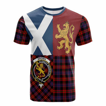 Brown (Broun) Crest Tartan Cotton T-shirt with Lion Rampant Saltire Style
