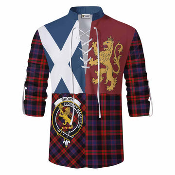 Brown (Broun) Crest Tartan Ghillie Shirt with Lion Rampant Saltire Style - Tartan Vibes Clothing