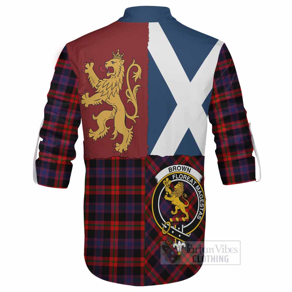 Brown (Broun) Crest Tartan Ghillie Shirt with Lion Rampant Saltire Style - Tartan Vibes Clothing