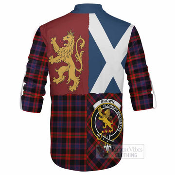 Brown (Broun) Crest Tartan Ghillie Shirt with Lion Rampant Saltire Style - Tartan Vibes Clothing