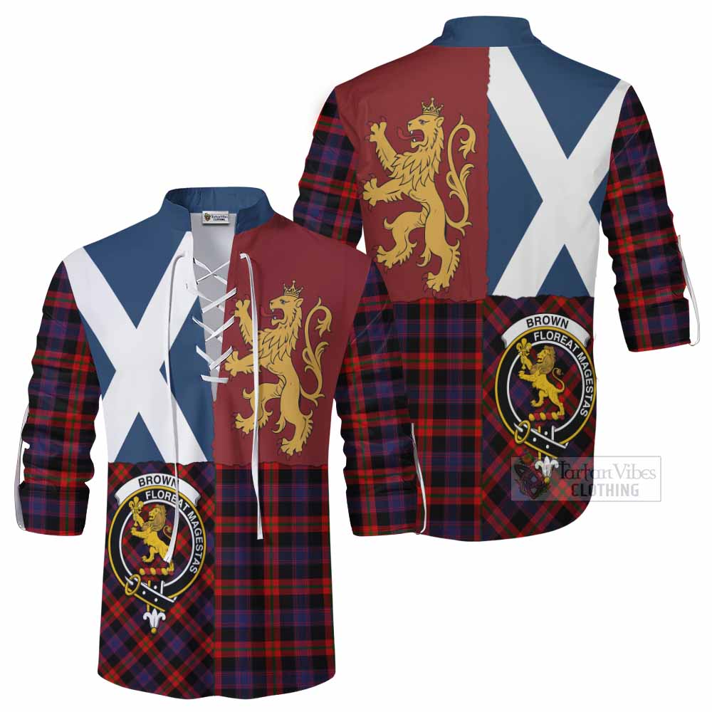 Brown (Broun) Crest Tartan Ghillie Shirt with Lion Rampant Saltire Style - Tartan Vibes Clothing