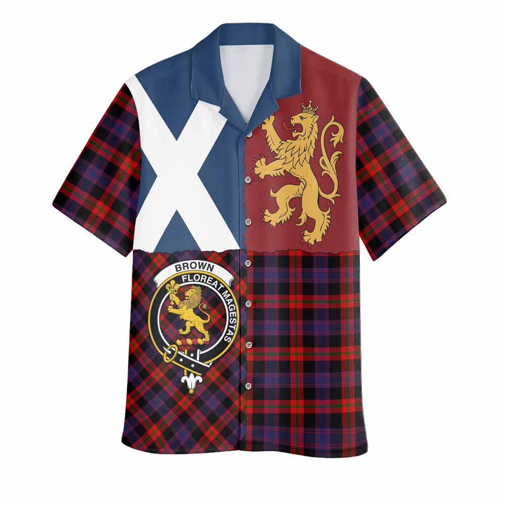 Brown (Broun) Crest Tartan Hawaiian Shirt with Lion Rampant Saltire Style