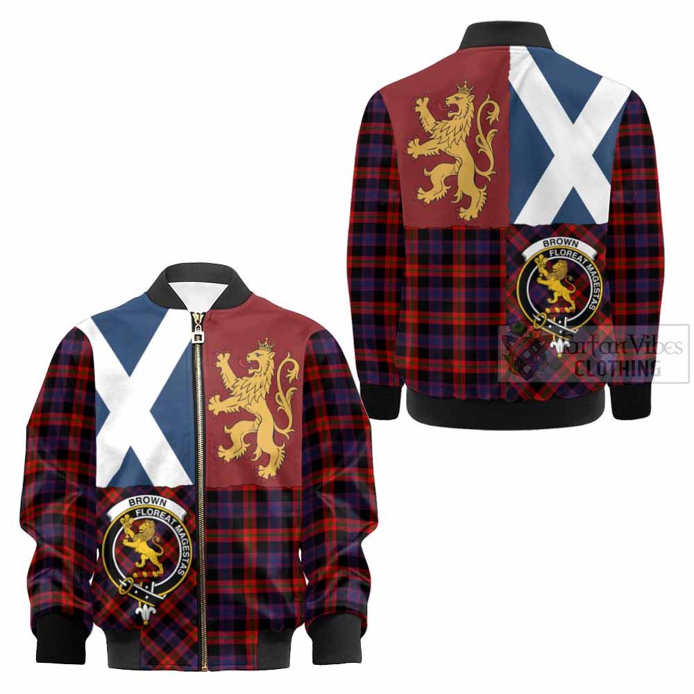 Brown (Broun) Crest Tartan Kid Bomber Jacket with Lion Rampant Saltire Style - Tartan Vibes Clothing