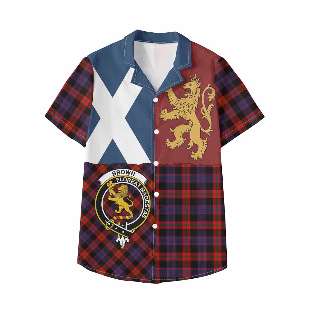 Brown (Broun) Crest Tartan Kid Hawaiian Shirt with Lion Rampant Saltire Style - Tartan Vibes Clothing
