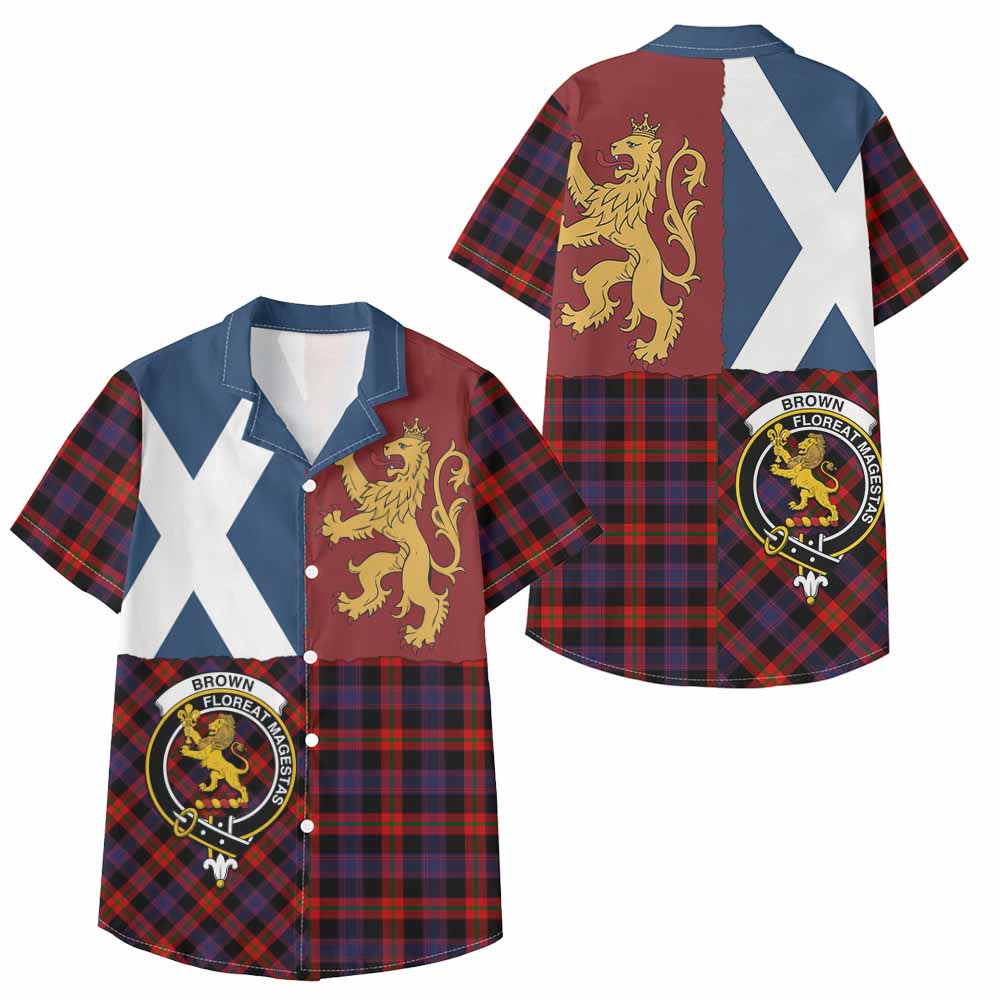 Brown (Broun) Crest Tartan Kid Hawaiian Shirt with Lion Rampant Saltire Style - Tartan Vibes Clothing