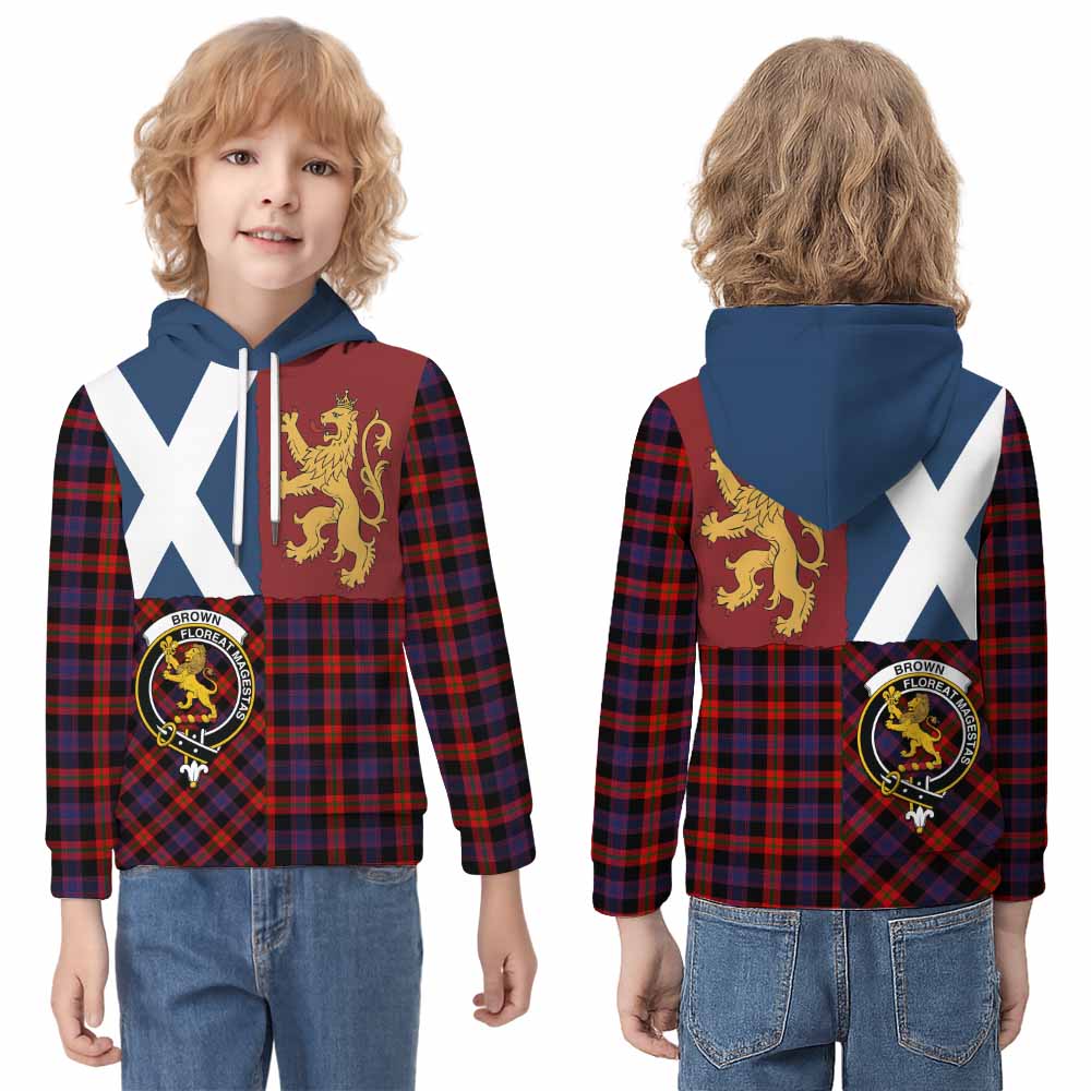Brown (Broun) Crest Tartan Kid Hoodie with Lion Rampant Saltire Style - Tartan Vibes Clothing