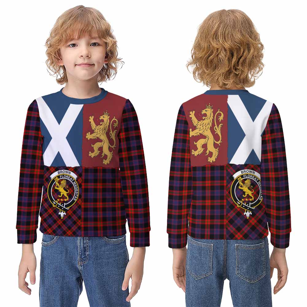 Brown (Broun) Crest Tartan Kid Knitted Sweatshirt with Lion Rampant Saltire Style - Tartan Vibes Clothing